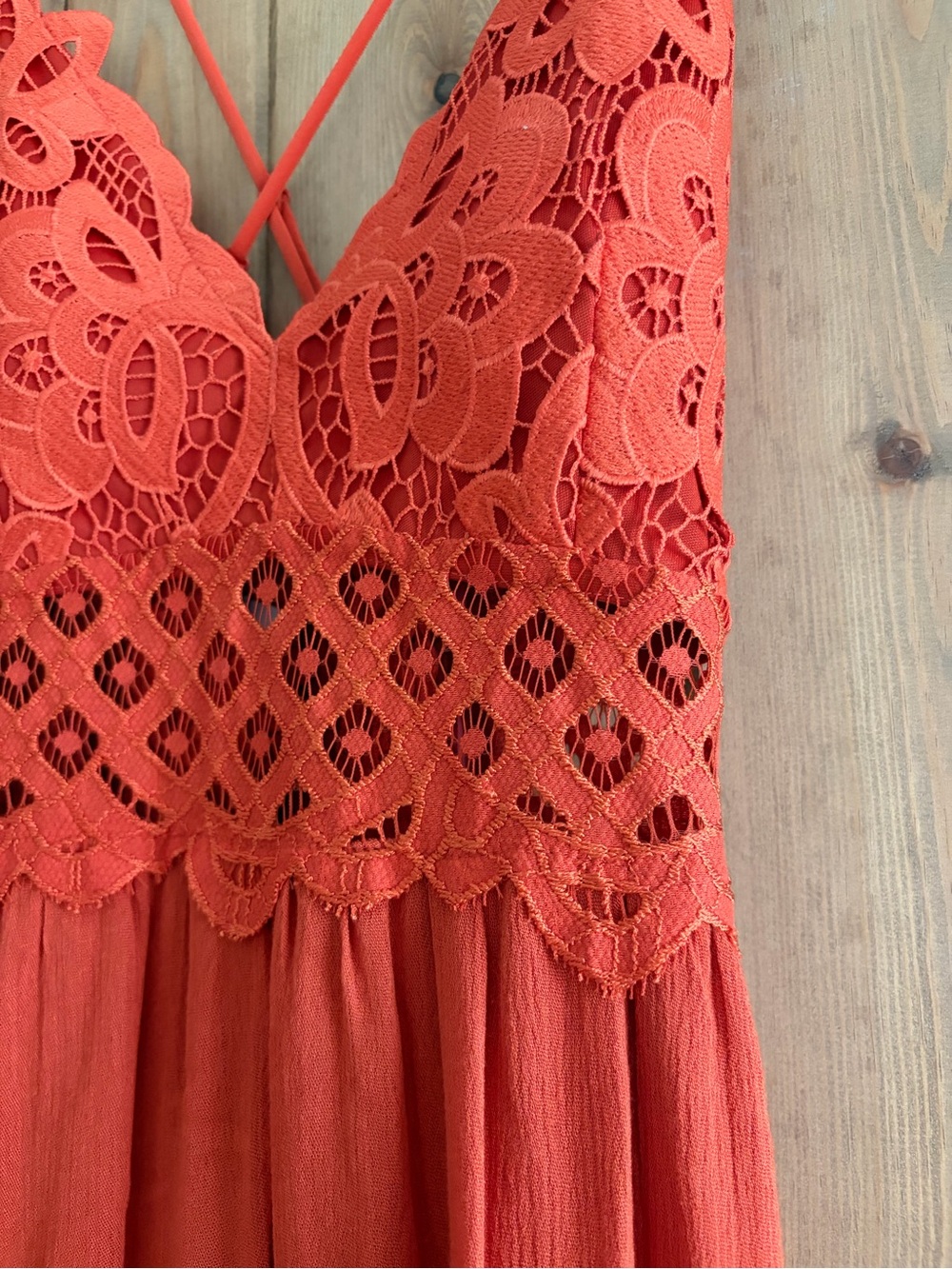 Burnt Orange Crochet Bodice Spaghetti Strap Dress - Picture 2 of 4